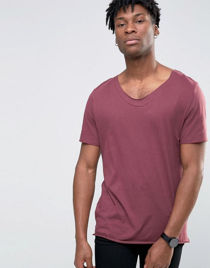 Asos Longline T-shirt With Raw Neck Detail In Red - Red