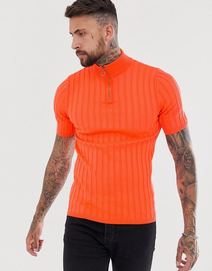 Asos Design Knitted Rib Half Zip T-shirt In Neon Orange - Orange