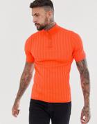 Asos Design Knitted Rib Half Zip T-shirt In Neon Orange - Orange