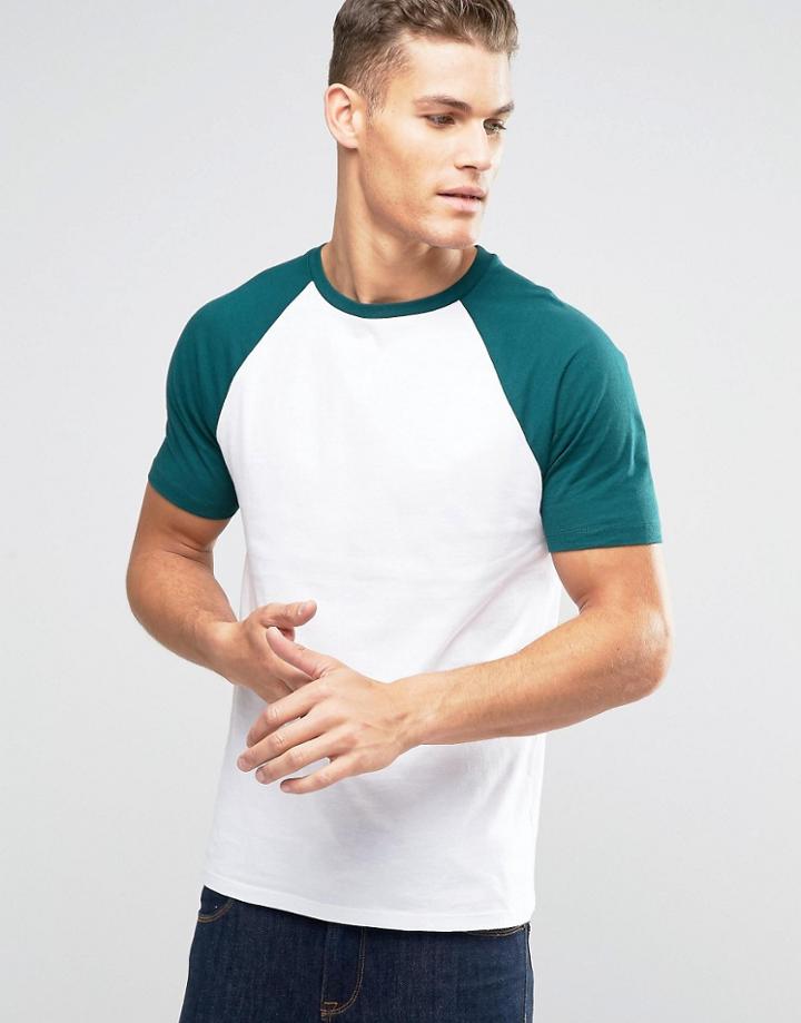 Asos Muscle T-shirt With Contrast Raglan Sleeves In White/green Marl - White