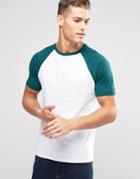 Asos Muscle T-shirt With Contrast Raglan Sleeves In White/green Marl - White