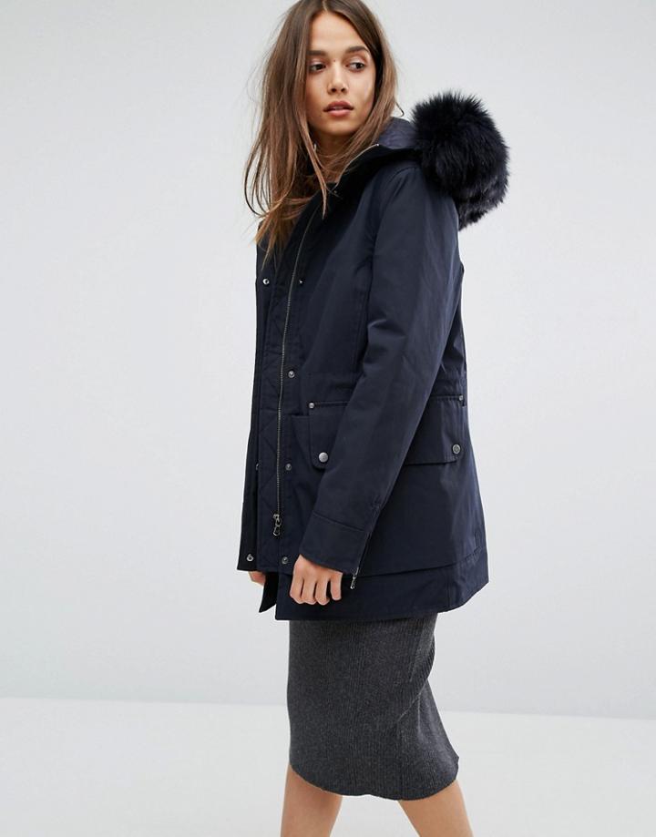 Parka London Ida Water Resistant Parka With Lux Faux Fur Trim - Navy