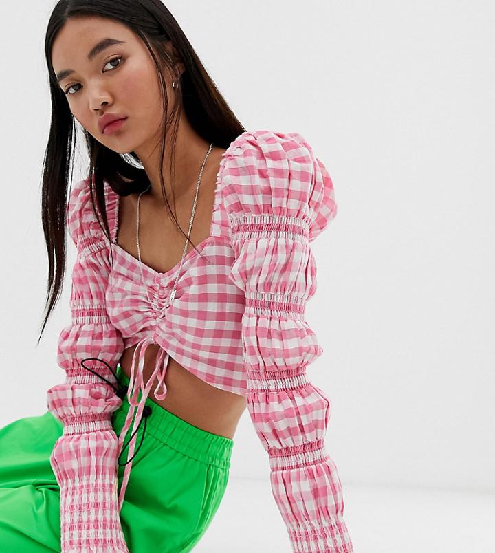 Collusion Super Crop Ruched Front Top In Gingham - Multi