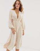 Asos Design Long Sleeve Button Through Midi Dress With Shirred Waist - Beige