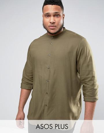Asos Plus Regular Fit Viscose Shirt With Grandad Collar In Khaki - Gre