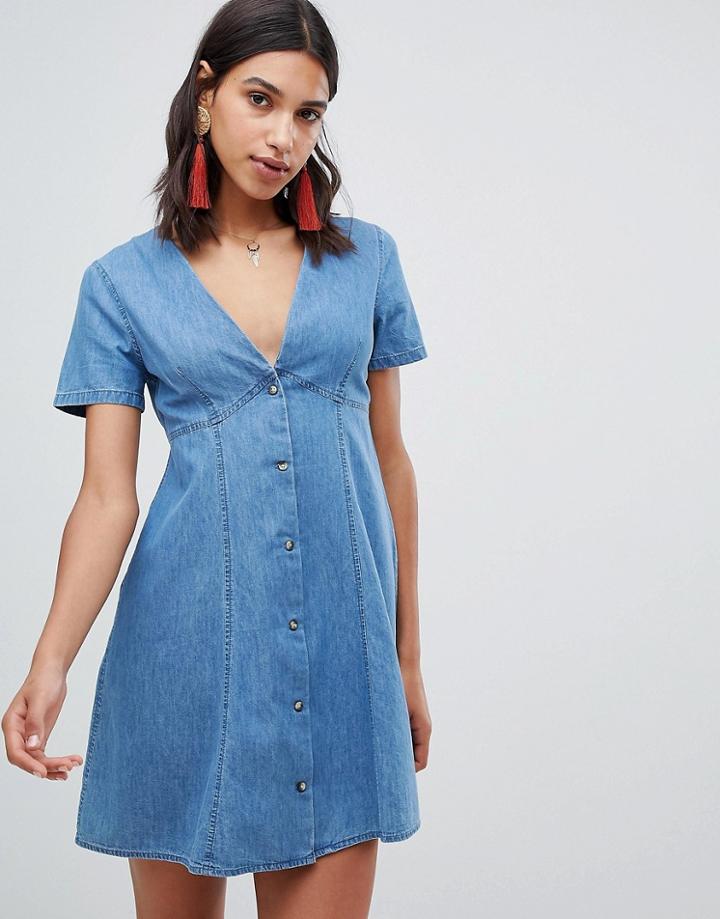 Asos Design Denim Tea Dress In Midwash Blue - Blue
