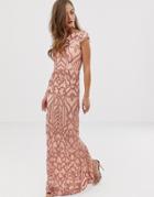 Bariano Embellished Patterned Sequin Maxi Dress With Cap Sleeve In Rose Gold - Pink