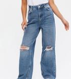 New Look Petite Wide Leg Dad Jeans With Ripped Knees In Mid Blue-blues