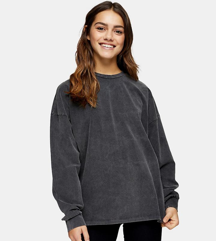 Topshop Petite Washed Long Sleeve T-shirt In Charcoal Gray-multi
