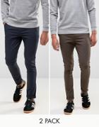 Asos 2 Pack Super Skinny Chinos In Navy And Brown - Multi