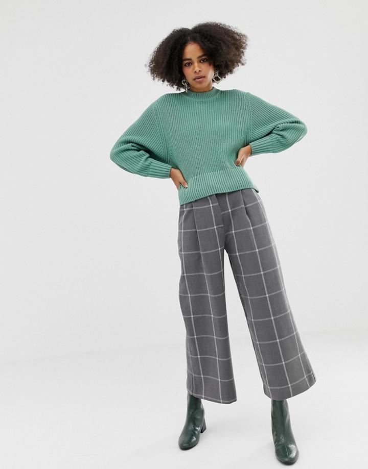 Monki Wide Leg Cropped Pants With Check Print In Gray - Gray
