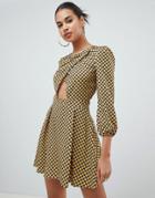 Prettylittlething Cut Out Skater Dress In Square Print - Yellow