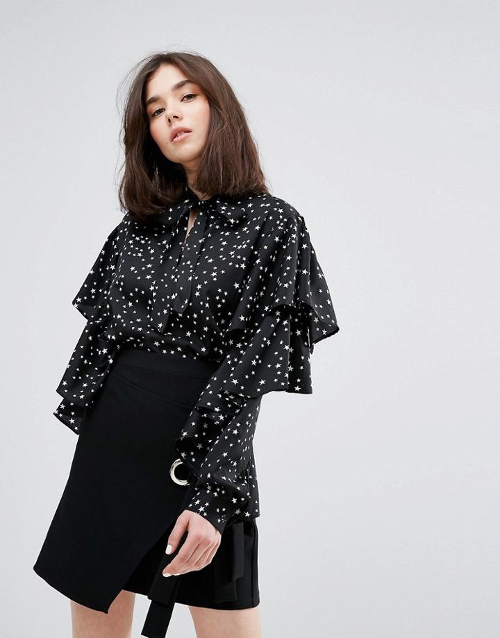 Plain Studios Tie Neck Blouse With Ruffle Sleeves In Star Print - Black