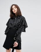 Plain Studios Tie Neck Blouse With Ruffle Sleeves In Star Print - Black