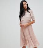 Elise Ryan Petite High Neck Midi Dress With Pleated Skirt - Beige
