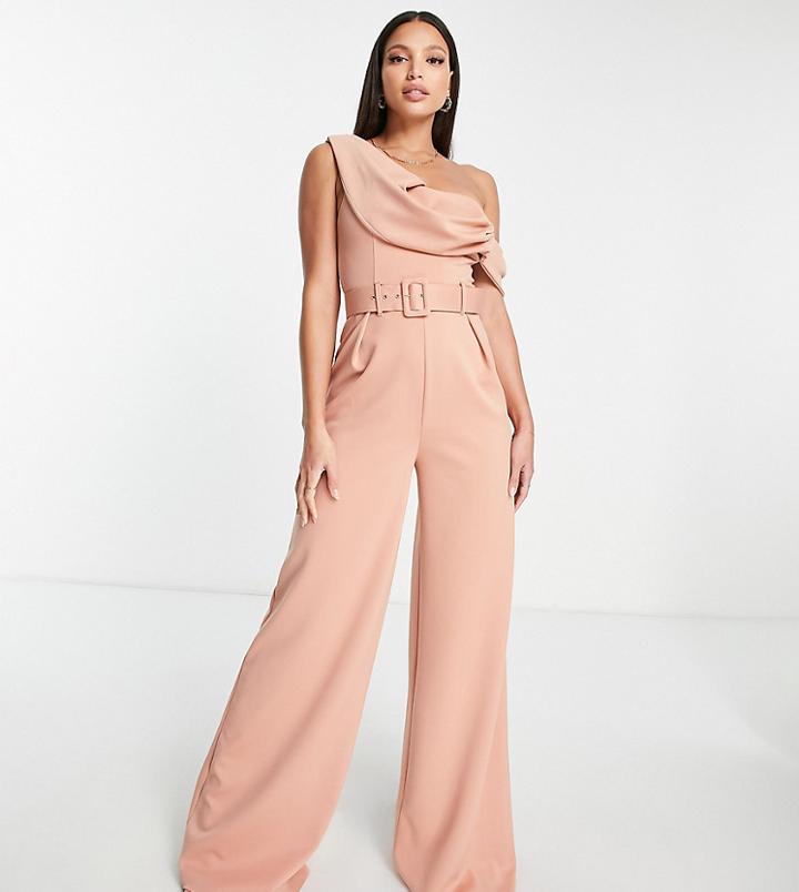 Asos Design Tall Scuba One Shoulder Wide Leg Belted Jumpsuit In Dusky Pink