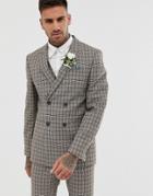 River Island Wedding Double Breasted Suit Jacket In Brown Check