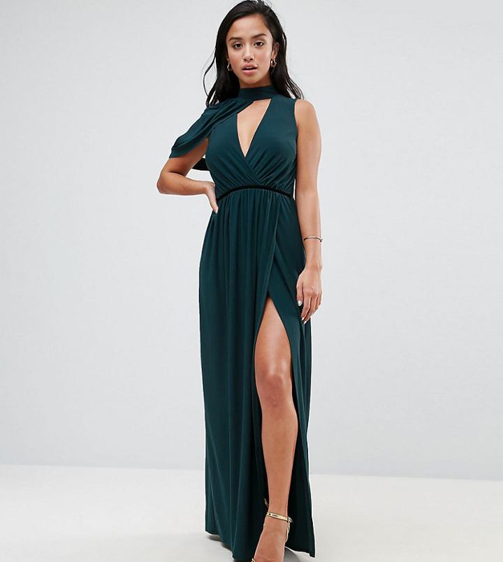 Asos Petite Cold Shoulder Detail Plunge Maxi Dress - Green