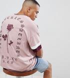 Asos Design Tall Oversized Longline T-shirt With Rose Back Print And Panels - Pink