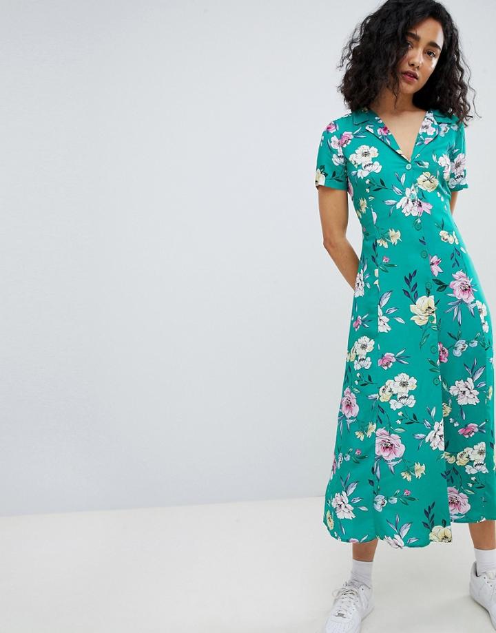 Bershka Floral Midi Shirt Dress In Green - Green