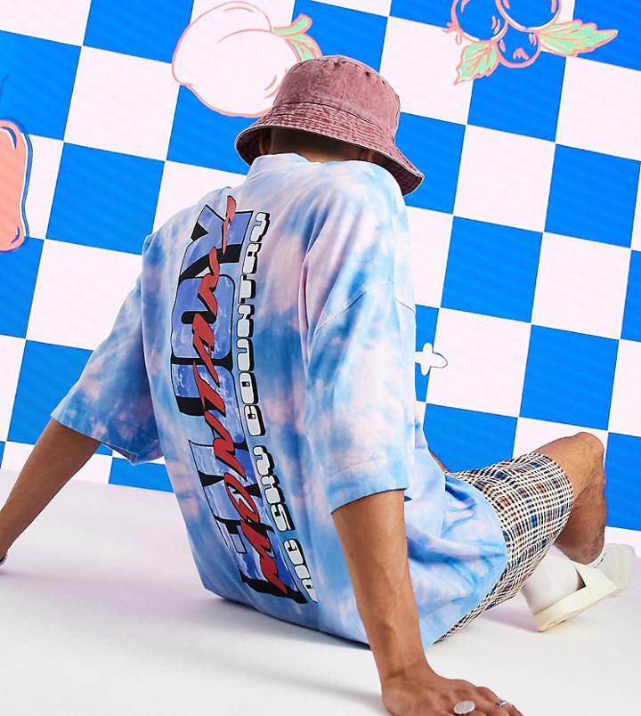 Collusion Oversized T-shirt With Enjoy Print In Blue Tie Dye-blues