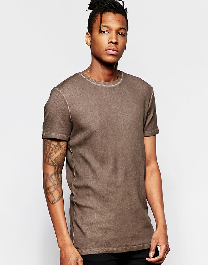 Asos Longline T-shirt With Scoop Neck In Oil Wash Rib In Brown - Brown