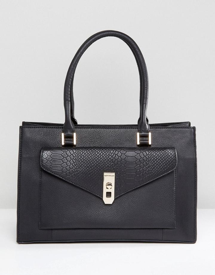 Paul Costelloe Real Leather Black Tote With Snake Embossed Pocket - Black