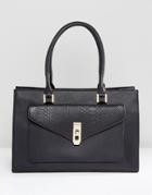 Paul Costelloe Real Leather Black Tote With Snake Embossed Pocket - Black