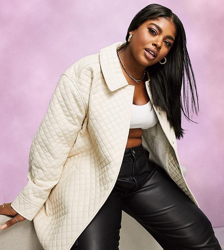Asos Design Curve Quilted Leather Look Jacket In Cream-white