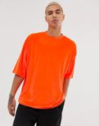 Asos Design Oversized T-shirt With Half Sleeve In Neon Orange Velour - Orange