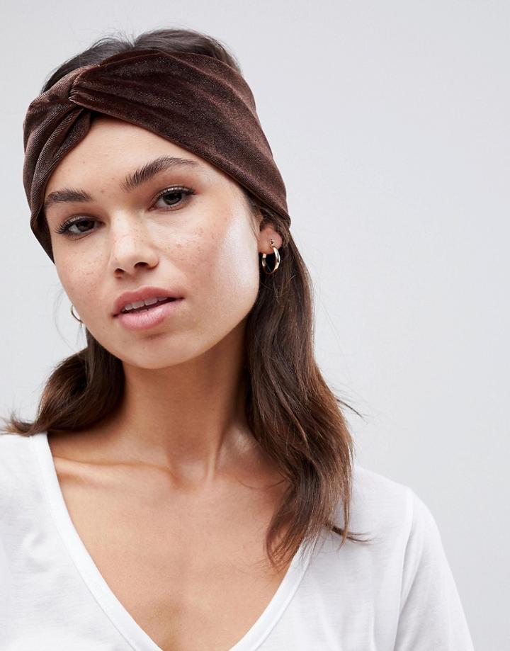 Asos Design Twist Front Headband In Chocolate Velvet - Brown