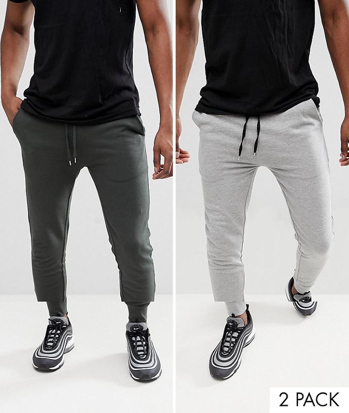 Asos Design Super Skinny Joggers 2 Pack Khaki/gray Marl Save - Multi