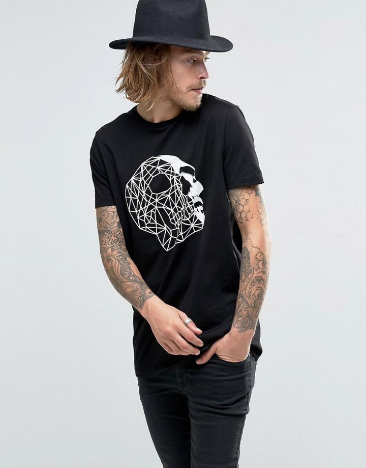Asos Longline T-shirt With Geometric Skull Print In Black - Black
