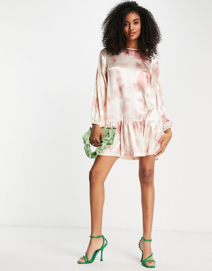 Vila Smock Mini Dress With Long Sleeves In Tie Dye Misty Rose-pink