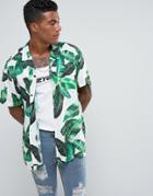 Jaded London Shirt In White With Tropical Leaf Print Reg Fit - White