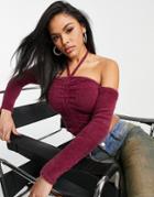 Asos Design Fluffy Sweater With Halter Neck And Off Shoulder Detail In Purple