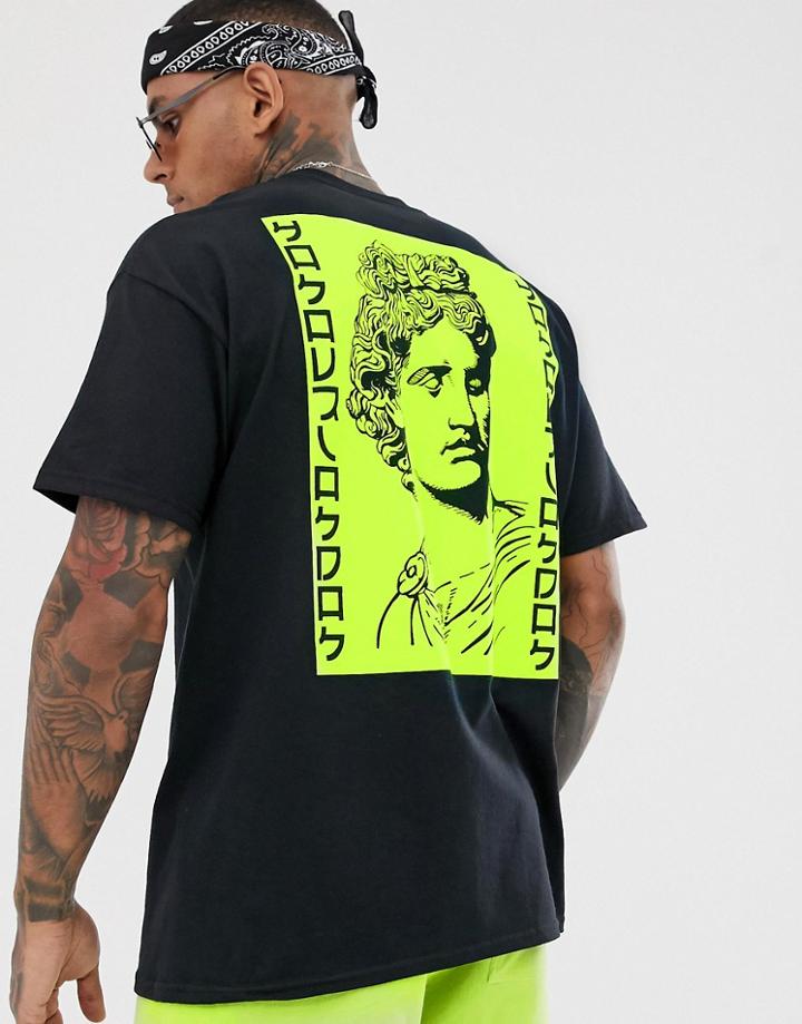 Hnr Ldn Neon Greek Back Print T-shirt In Oversized-black