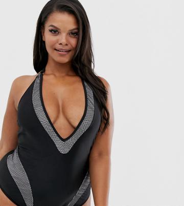 Wolf & Whistle Curve Exclusive Fishnet Plunge Swimsuit In Black - Black