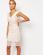 Lipsy Crossover Front Cutwork Lace Pencil Dress - Nude