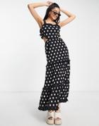 Miss Selfridge Frill Detail Cut Out Maxi Dress In Mixed Spot-black
