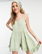 Asos Design Textured Trapeze Tiered Romper In Mint Green