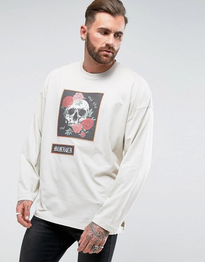 Asos Super Oversized Long Sleeve T-shirt With Skull Patch And Contrast Stitch - Brown
