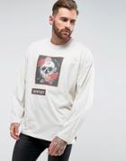 Asos Super Oversized Long Sleeve T-shirt With Skull Patch And Contrast Stitch - Brown