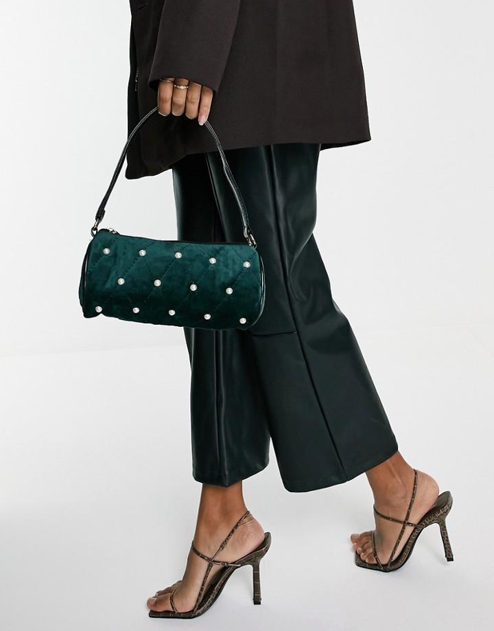 Svnx Quilted Velvet Bag With Pearl Detail In Dark Green