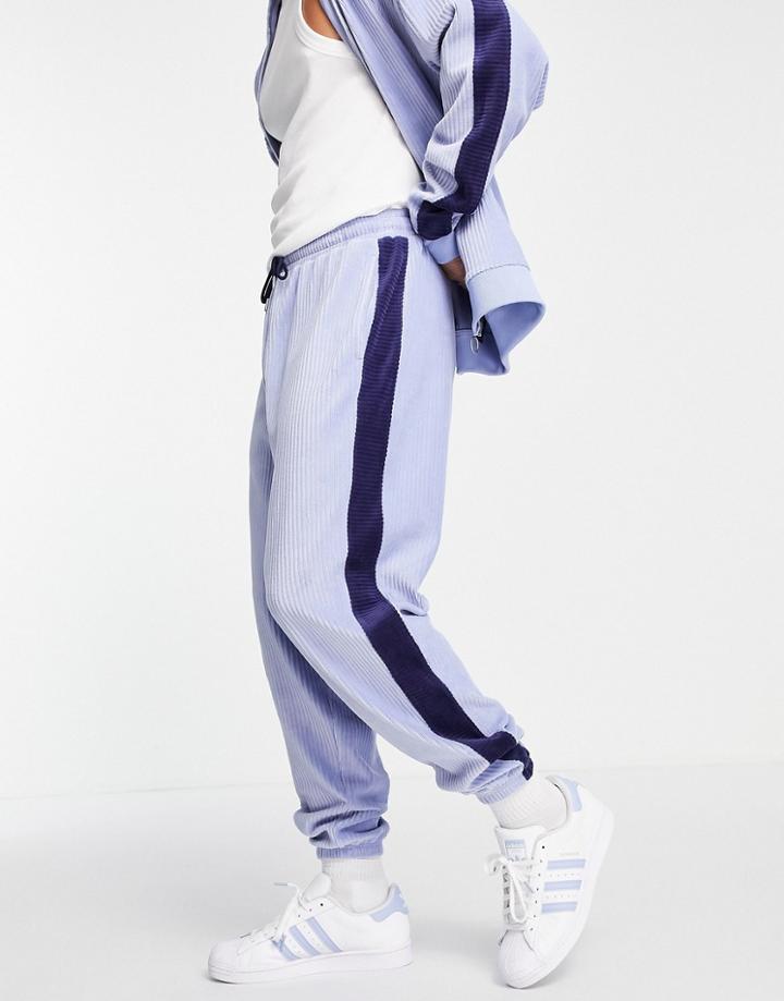 Asos Design Set Oversized Sweatpants In Blue Ribbed Velour With Side Stripe-blues
