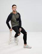 Asos Muscle Hoodie With Contrast Raglan Sleeve In Khaki And Black - Green