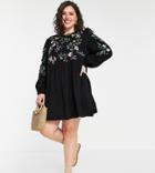 Asos Design Curve Mini Smock Dress With Long Sleeves And Pink Floral Embroidery In Black