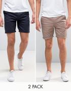 Asos 2 Pack Slim Chino Shorts In Navy & Light Brown Save - Multi