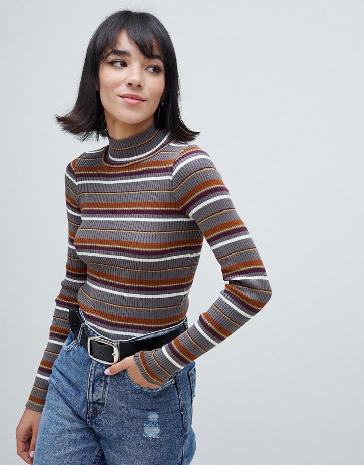 Stradivarius Str High Neck Stripe Long Sleeve Top - Gray