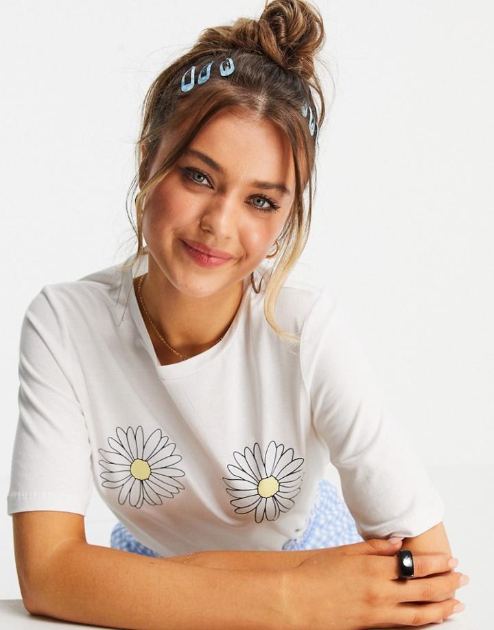 Pieces Organic Cotton Daisy Motif T-shirt In White